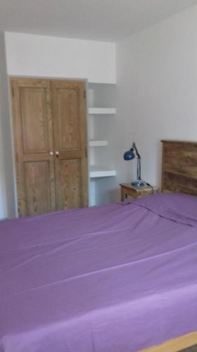 ヴィルヌーヴ・レ・ザヴィニョンにあるQuartier St Ponsのベッドルーム(紫色のベッド1台、クローゼット付)