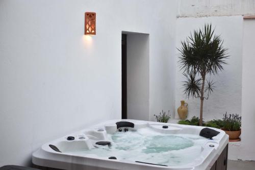 a bath tub with a dog in it in a room at Home Apartments Jerez in Jerez de la Frontera