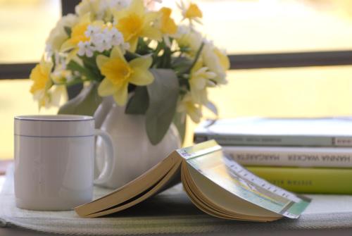 a table with a coffee mug and a vase of flowers at Ferienhaus Uklei in Sielbeck