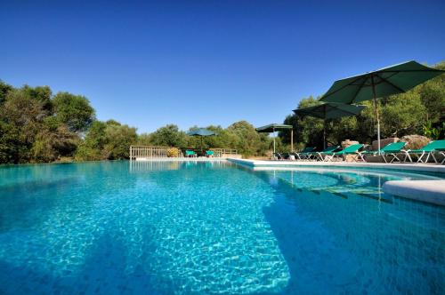 una gran piscina de agua azul con sillas y sombrillas en Agroturismo Sa Vall, en Son Macià