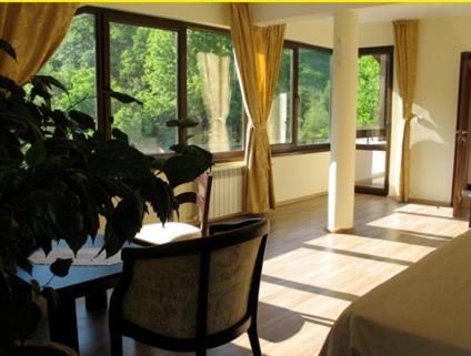 a room with a plant and a table and windows at Villa Cherven in Teteven