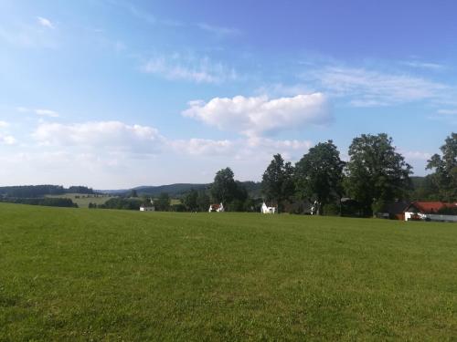 a large field of green grass with houses in the background at Chalupa u lesa - Nova Ves in Český Rudolec