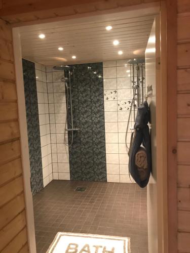 a bathroom with a shower with a cake on the floor at Hortensia in Mariehamn