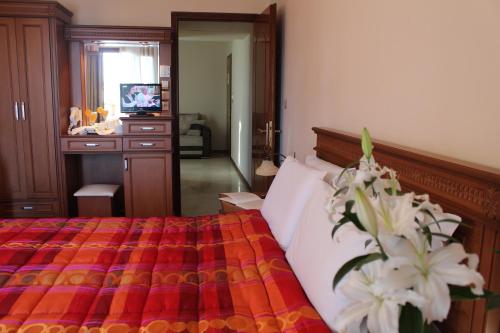 a bedroom with a bed and a desk with a television at Famissi Hotel in Kalabaka
