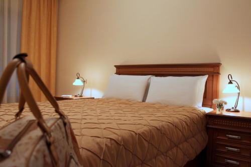 a bedroom with a bed with two lamps on tables at Famissi Hotel in Kalabaka