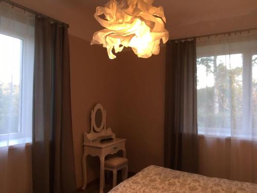 ein Schlafzimmer mit einem Bett und einem Kronleuchter in der Unterkunft Apartaments Selga in Roja