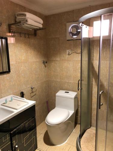 y baño con aseo, lavabo y ducha. en قصر الباحة للشقق المخدومة تصنيف اقتصادي en Al Baha