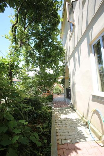 a walkway next to a white building with a tree at Talo's Guest House in Makhinjauri
