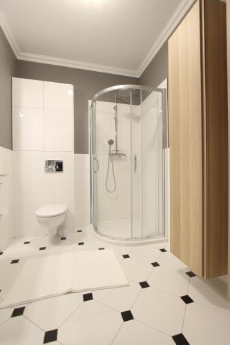 a bathroom with a shower and a toilet at City Apartments Centrum in Warsaw