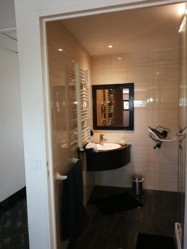 a bathroom with a sink and a mirror at Le moulin in Pornic