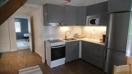 kuchnia z szarymi szafkami, zlewem i lodówką w obiekcie Zorbcenter Holiday Homes w mieście Hammarstrand
