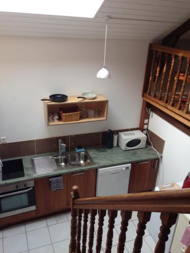 une cuisine avec un comptoir avec un évier et un micro-ondes dans l'établissement Le Petit Chateau, à Noyal-Pontivy