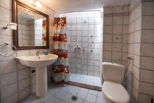 a bathroom with a sink and a toilet and a shower at Manthiata Studios in Exanthia