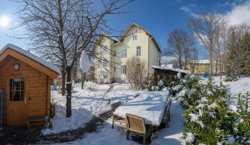 a snow covered yard with a house and a shed at Landhaus Blauer Spatz Reichenau an der Rax in Reichenau