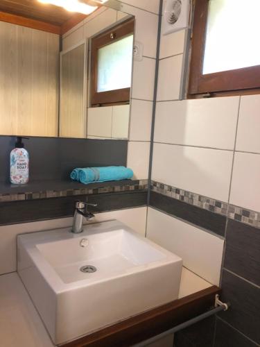 une salle de bain avec un lavabo blanc et un miroir dans l'établissement Aux lettres du lavoir, à La Rivière-Saint-Sauveur