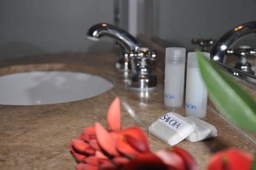 a bathroom counter with a sink and a sink at Hotel Savoia Mendoza in Guaymallen