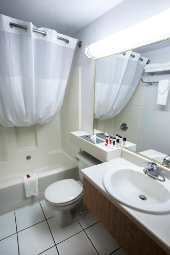 a bathroom with a toilet and a sink and a mirror at Baymont by Wyndham Keystone Near Mt. Rushmore in Keystone