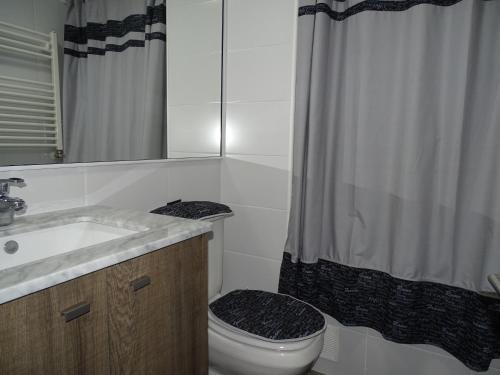 une salle de bain avec toilettes, lavabo et douche dans l'établissement Departamento en Pucon, à Pucón