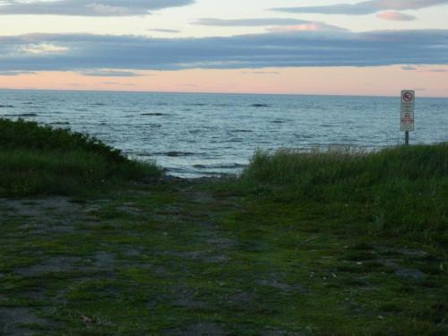 a no parking sign next to a body of water at Le Pirate Motel et Camping in Cap-Chat