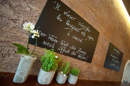 a group of plants in vases next to a chalkboard at Stadthotel zur goldenen Krone in Weiz