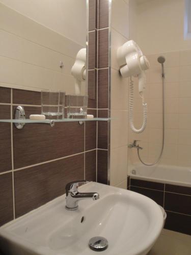 a bathroom with a sink and a shower at Pension Karnet in Prague