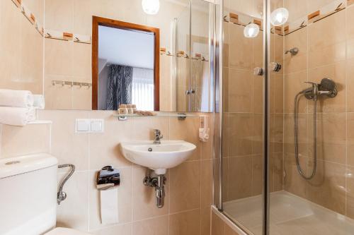 a bathroom with a toilet sink and a shower at Tatrzański Dworek in Biały Dunajec