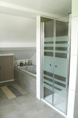 a glass shower in a bathroom with a tub at La Lunadeléo in Wépion
