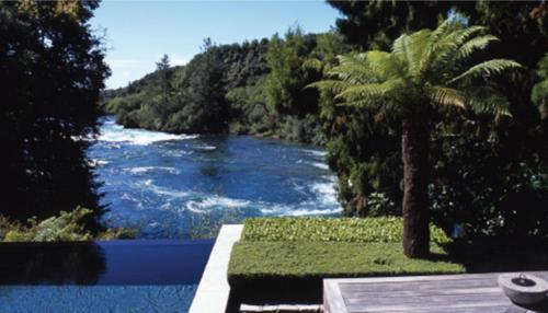 a view of a river with a palm tree in the foreground at Huka Lodge in Taupo