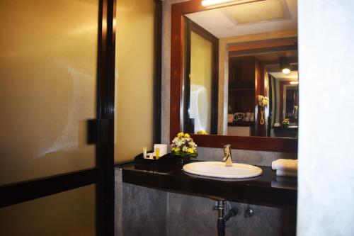 ein Bad mit einem Waschbecken und einem Spiegel in der Unterkunft Thilanka Hotel in Kandy
