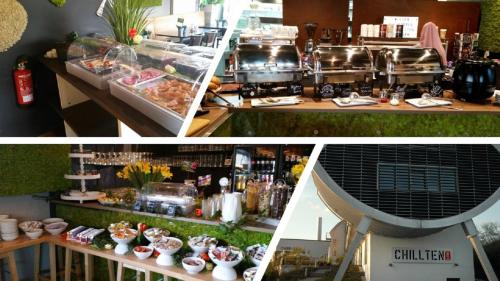 two pictures of a restaurant with a counter with food at Chillten Bottrop in Bottrop