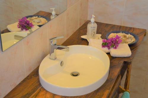a bathroom with a white sink and a mirror at La Maison Soleil in Trou dʼ Eau Douce