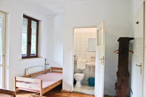 łazienka z toaletą i umywalką w obiekcie Leśna Willa PTTK w Komańczy w Komańczy