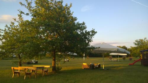 a park with tables and a tree and a tent at Ktima Holoway Apartments in Therma