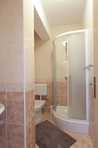 a bathroom with a shower and a toilet and a sink at Apartments Nine Slano in Slano
