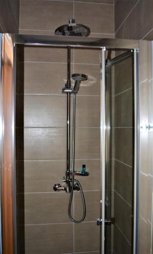 a shower with a glass door in a bathroom at Just Natur Guesthouse in Castro Laboreiro
