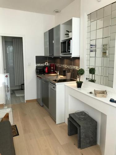 une cuisine avec des appareils en acier inoxydable et des armoires blanches dans l'établissement Studio des Trois Ilets, à La Rochelle