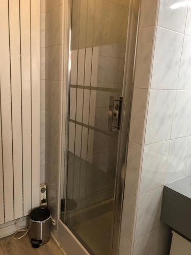 une douche avec une porte vitrée dans une salle de bain dans l'établissement Studio des Trois Ilets, à La Rochelle