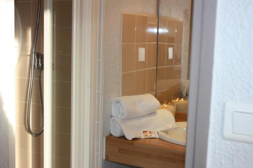 La salle de bains est pourvue d'une douche, d'un lavabo et d'un miroir. dans l'établissement VVF Les 7 Laux Massif de Belledonne, à Prapoutel