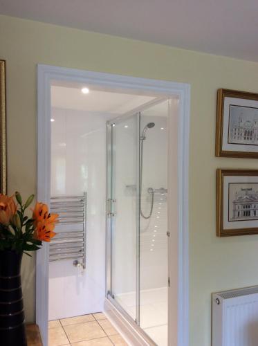 um chuveiro numa casa de banho com uma porta de vidro em Bretton Cottage em Eyam
