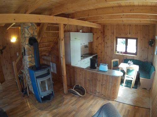 Sala de estar de una cabaña de madera con fogones en Ferien auf dem Lande en Leopoldshagen