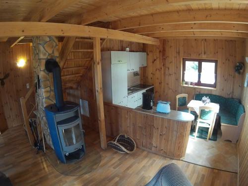 ein Wohnzimmer eines Blockhauses mit einem Herd in der Unterkunft Ferien auf dem Lande in Leopoldshagen