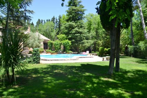 a yard with a swimming pool in a garden at Chalet rural en La Mancha con jardin y piscina privados in Tomelloso