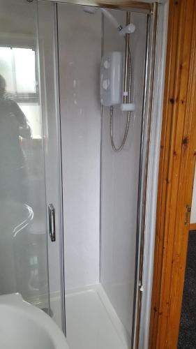 a shower with a glass door in a bathroom at Laurelbrook Town House in Magherafelt