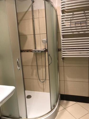 a shower with a glass door in a bathroom at Apartament Villa Marea 22 in Międzyzdroje