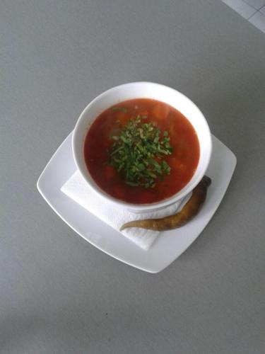 a bowl of soup on a plate on a table at Pension Pîrîu' Morii in Gura Humorului