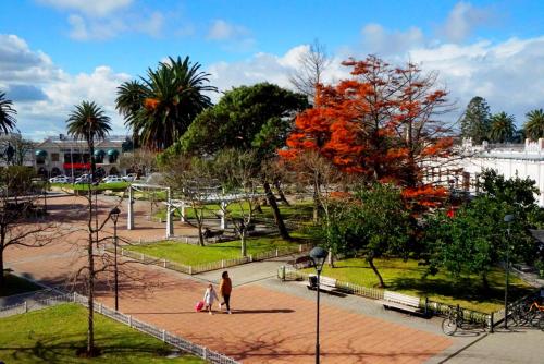 a group of people walking around a park at De la Plaza Hotel in Maldonado