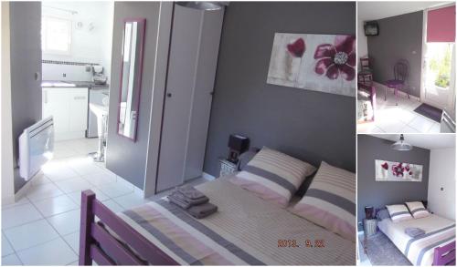 two pictures of a bedroom with a bed and a kitchen at Gîte Studio Tarbes Pyrénées in Tarbes