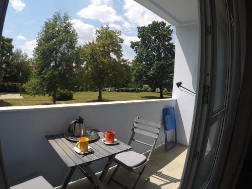 a small table and chairs on a balcony with a window at F2 - Am alten Elbarm - Laubegast in Dresden