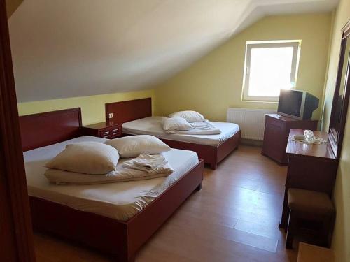 a room with two beds and a television in it at Pensiunea Balea in Cîmpeni