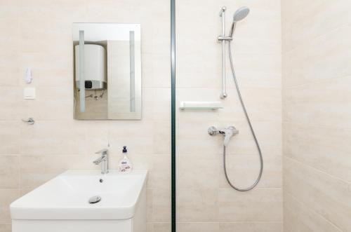 La salle de bains est pourvue d'une douche et d'un lavabo. dans l'établissement Down town oaza, à Rijeka